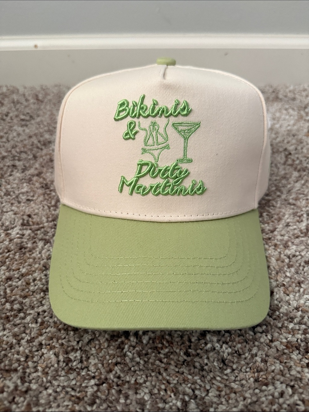 Bikinis & Dirty Martinis Embroidered Two-Tone Cap - Light Pink & Lime Green